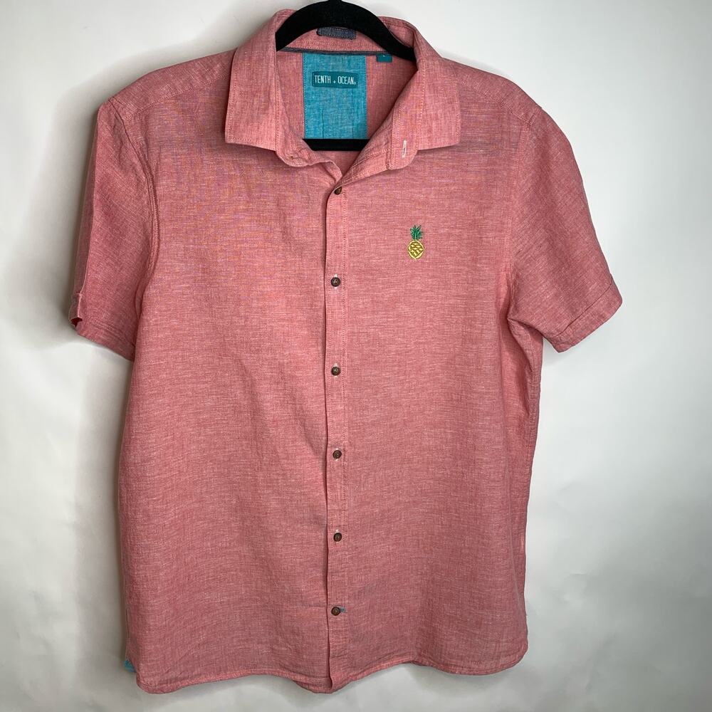 Tenth & Ocean Linen Red Button Front Short Sleeve Shirt Sz Large